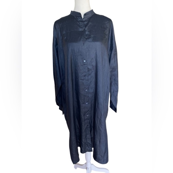 Eileen Fisher Washed Silk Tussah Mandarin Collar Navy Blue Shirtdress - Size XS - Picture 2 of 9